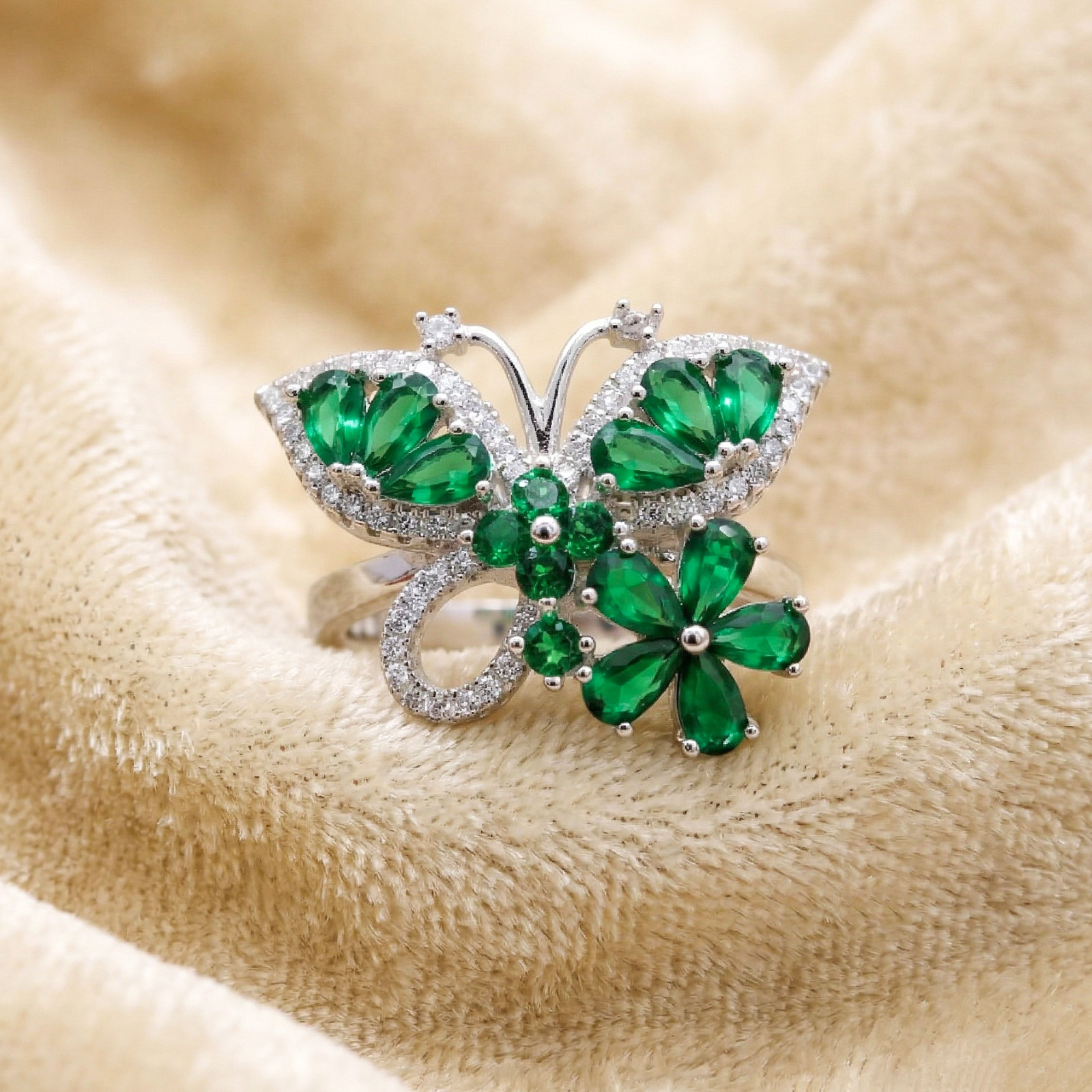 925 Sterling Silver Lab Created Emerald Butterfly Ring, Floral CZ Statement Ring