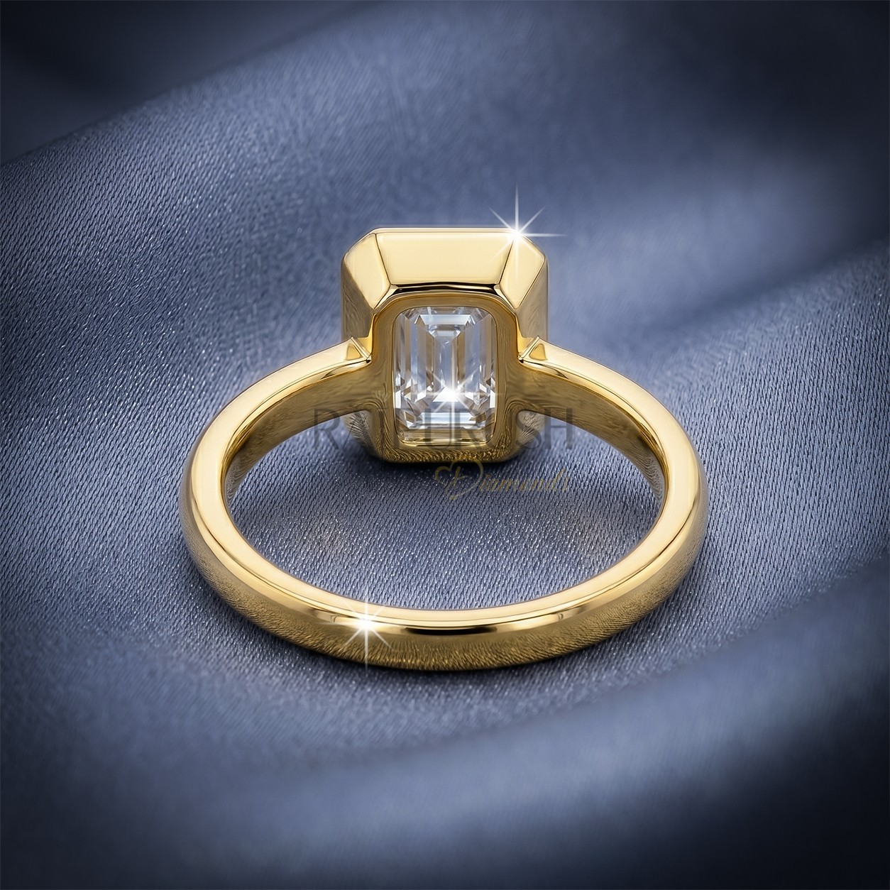 1ct Emerald Cut Moissanite Ring Bezel Set Solitaire 14K Gold Plated 925 Silver