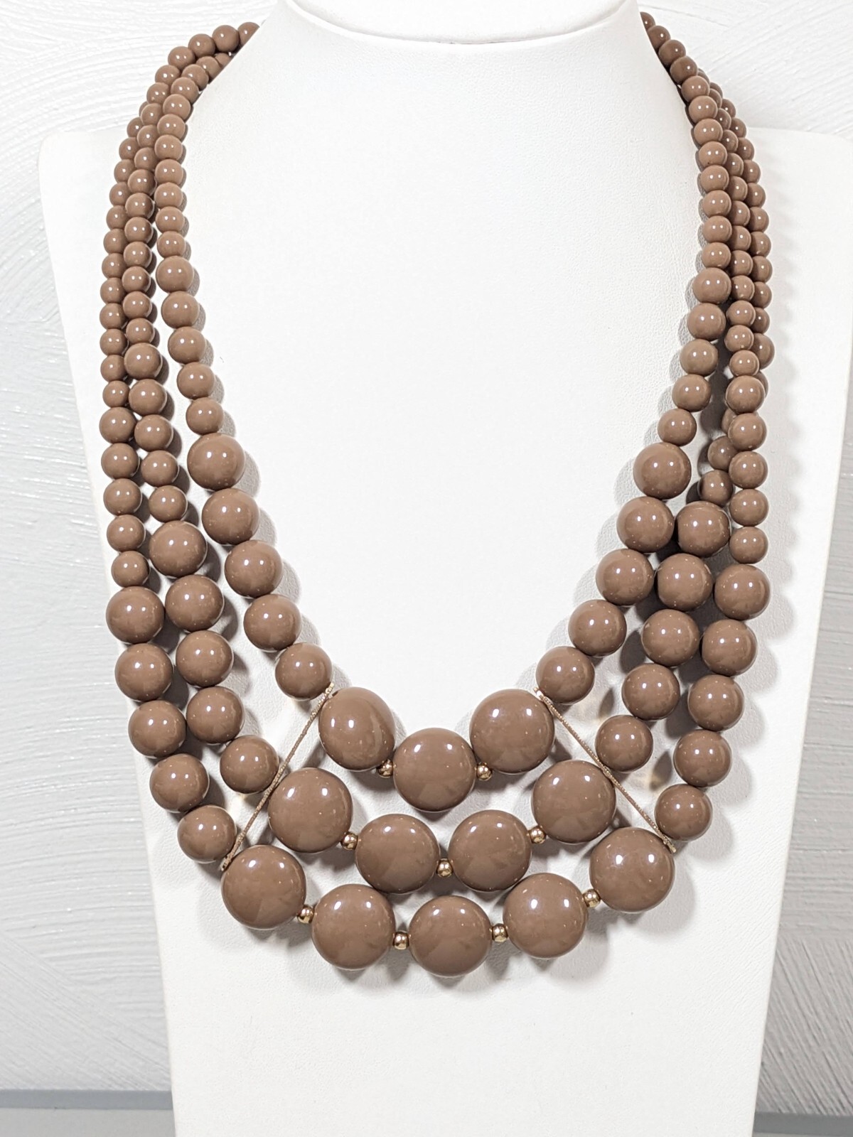 Coastal Brown Beige Acrylic Bead Triple Strand Layered Statement Necklace 21 in