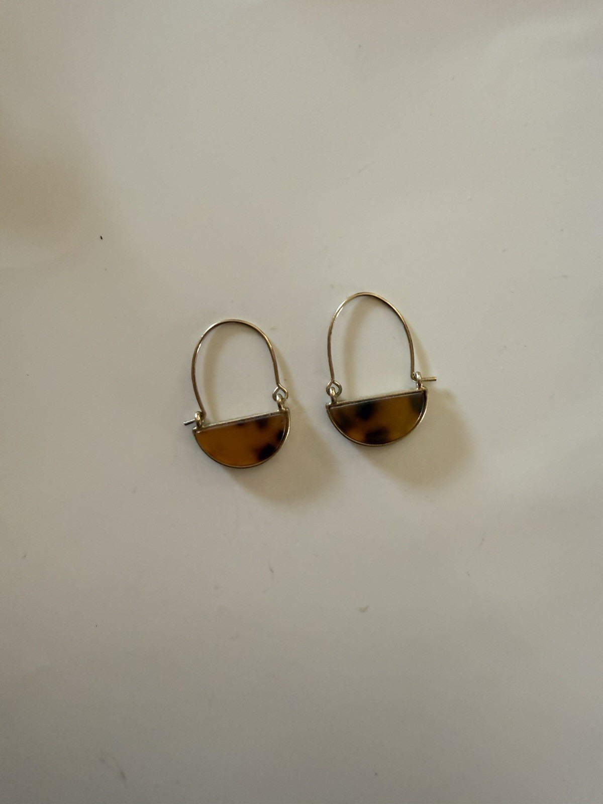 Gold Tone Hook Dangle Earrings Brown Tortoise Half Moon Pendant, No Stone