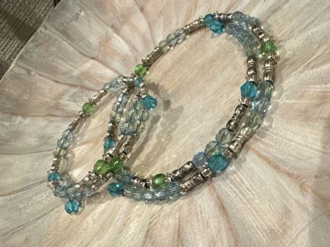 Blue and Green Glass Crystal Bead Memory Wire Wrap Bracelet and Choker