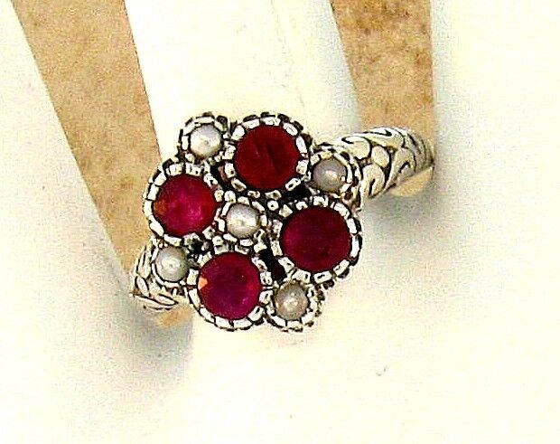 GENUINE RUBY & PEARL 925 STERLING SILVER NOUVEAU ANTIQUE STYLE RING 117X
