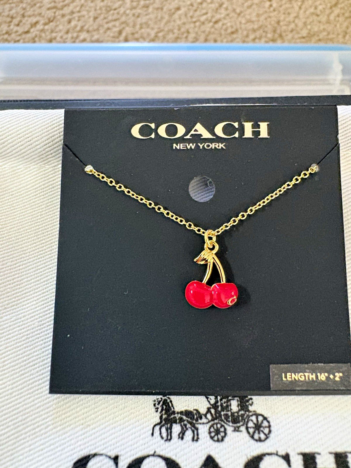 Coach New York Gold Tone Cherry Charm Pendant Cable Chain Necklace 16-18 in