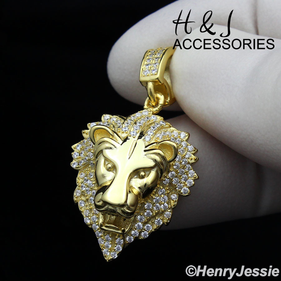 18-30″MEN 925 STERLING SILVER 2MM GOLD PLATED BEAD CHAIN CZ LION PENDANT*GP185