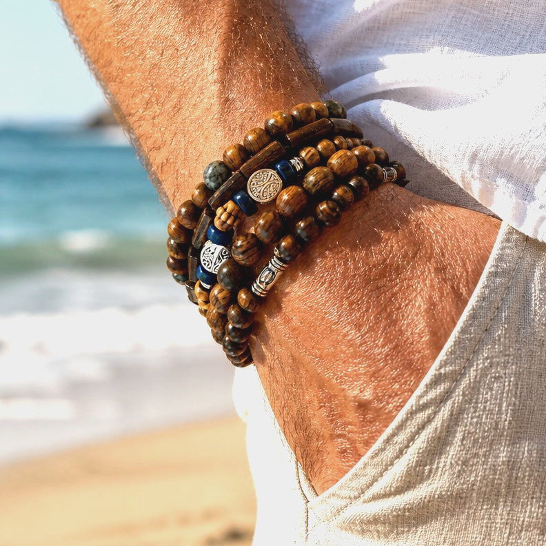 5Pc Tree Boho Wood Bead Bracelet Set Turquoise Stretch Stack Unisex Men Women 7″