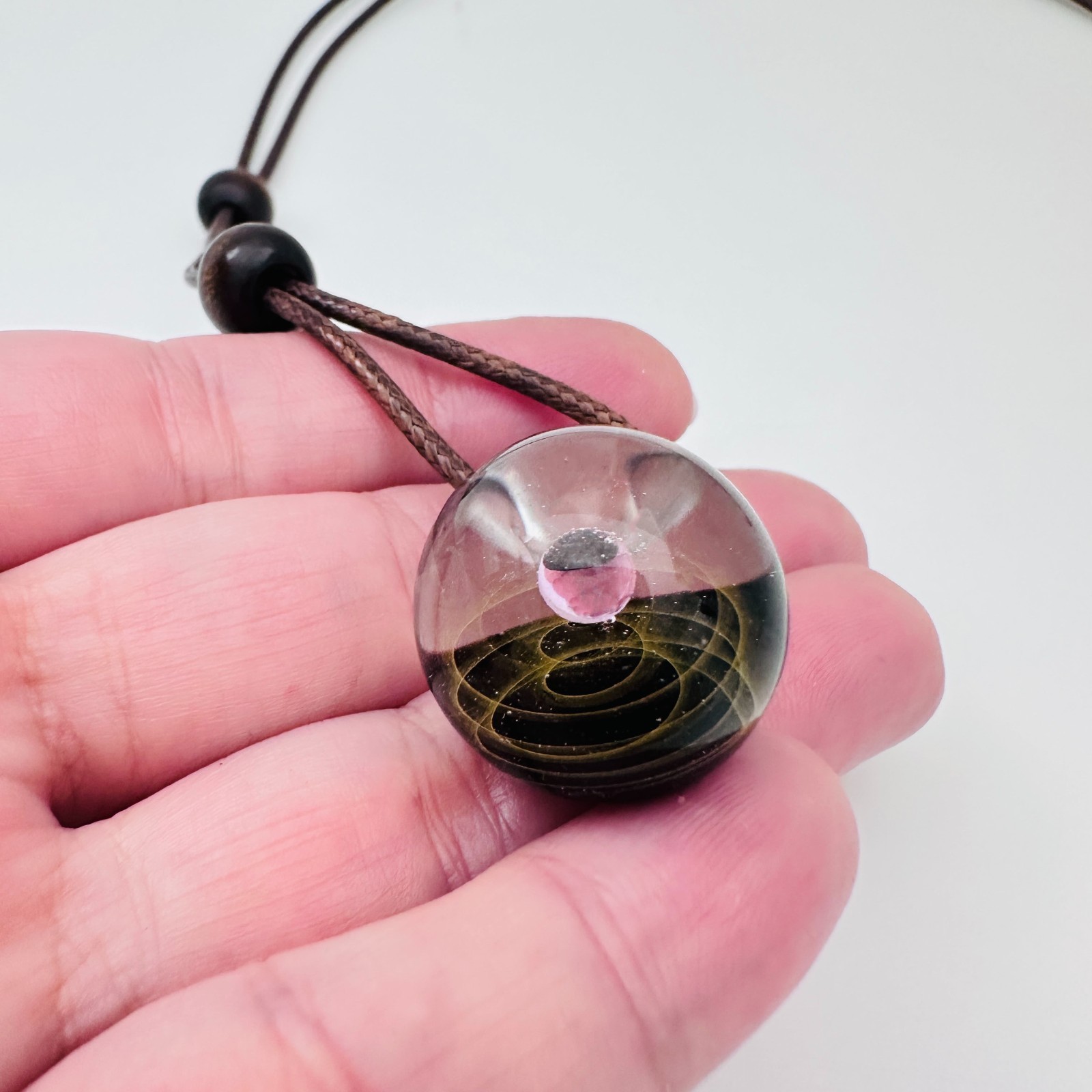 Galaxy Cosmic Sphere Glass Lampwork Pendant w/Long Brown Cord Necklace