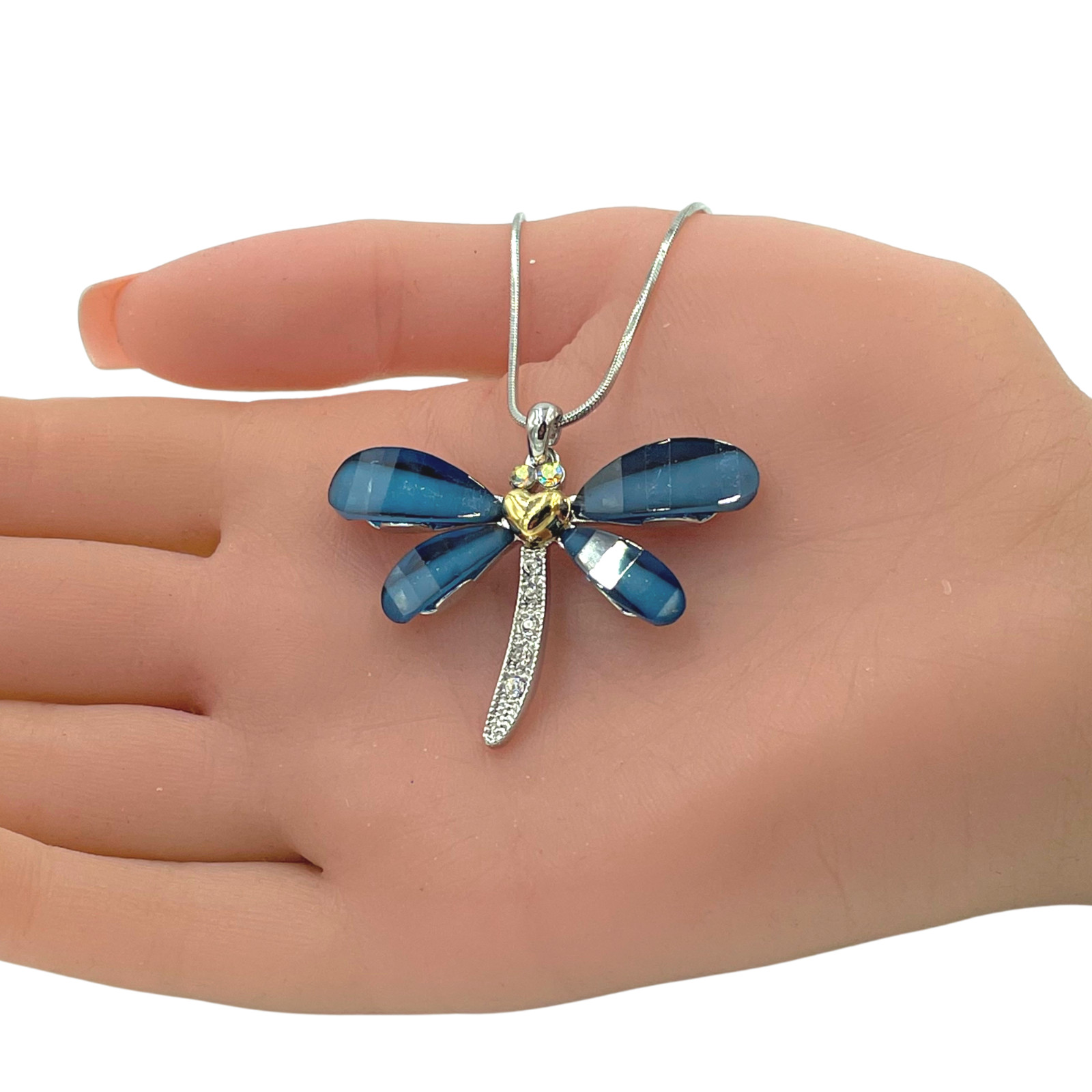 Blue Crystal Dragonfly Pendant Necklace White Gold