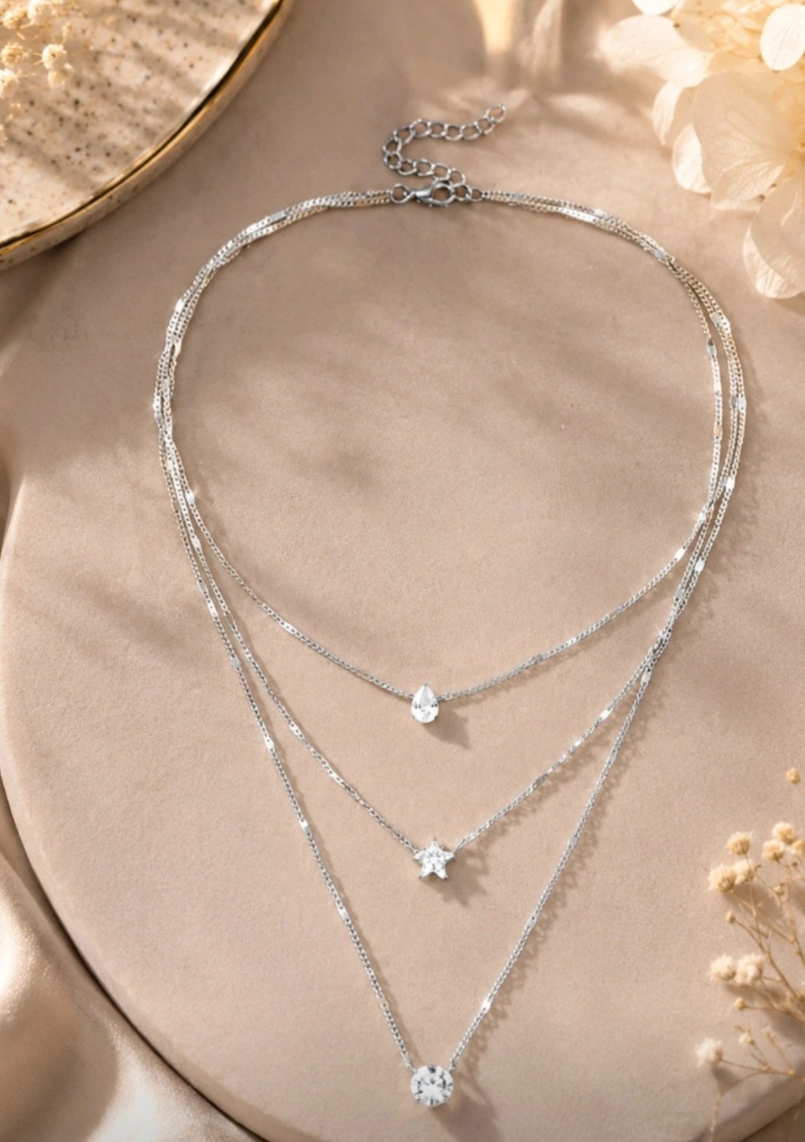Silver Tone Layered Chain Necklace, Star Teardrop & Round Crystal Charms