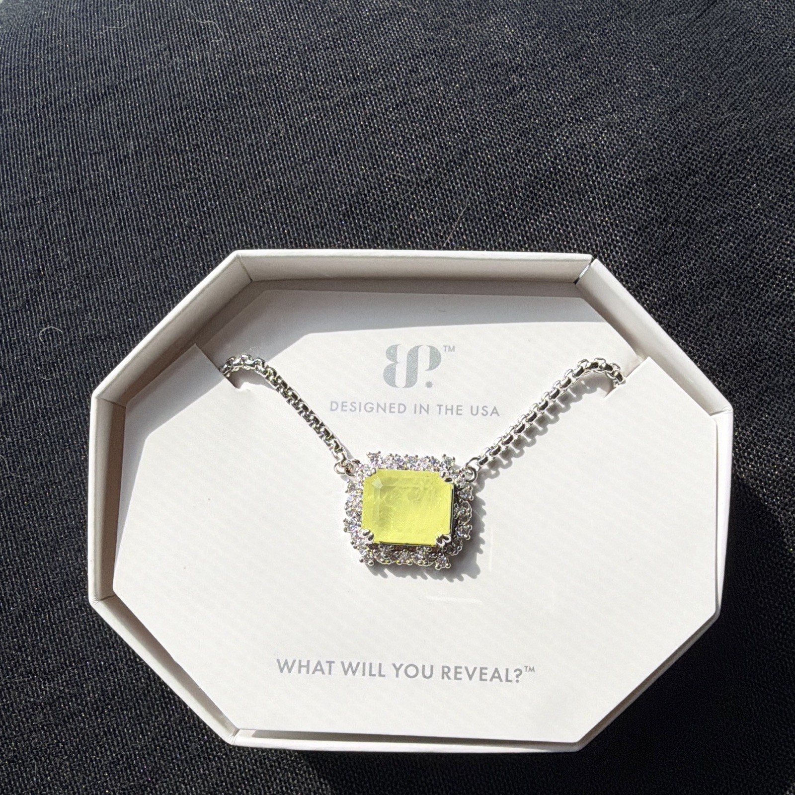 BP Lab-Created Yellow Jade Quartz Halo Pendant Necklace Rhodium 18″+2.5″