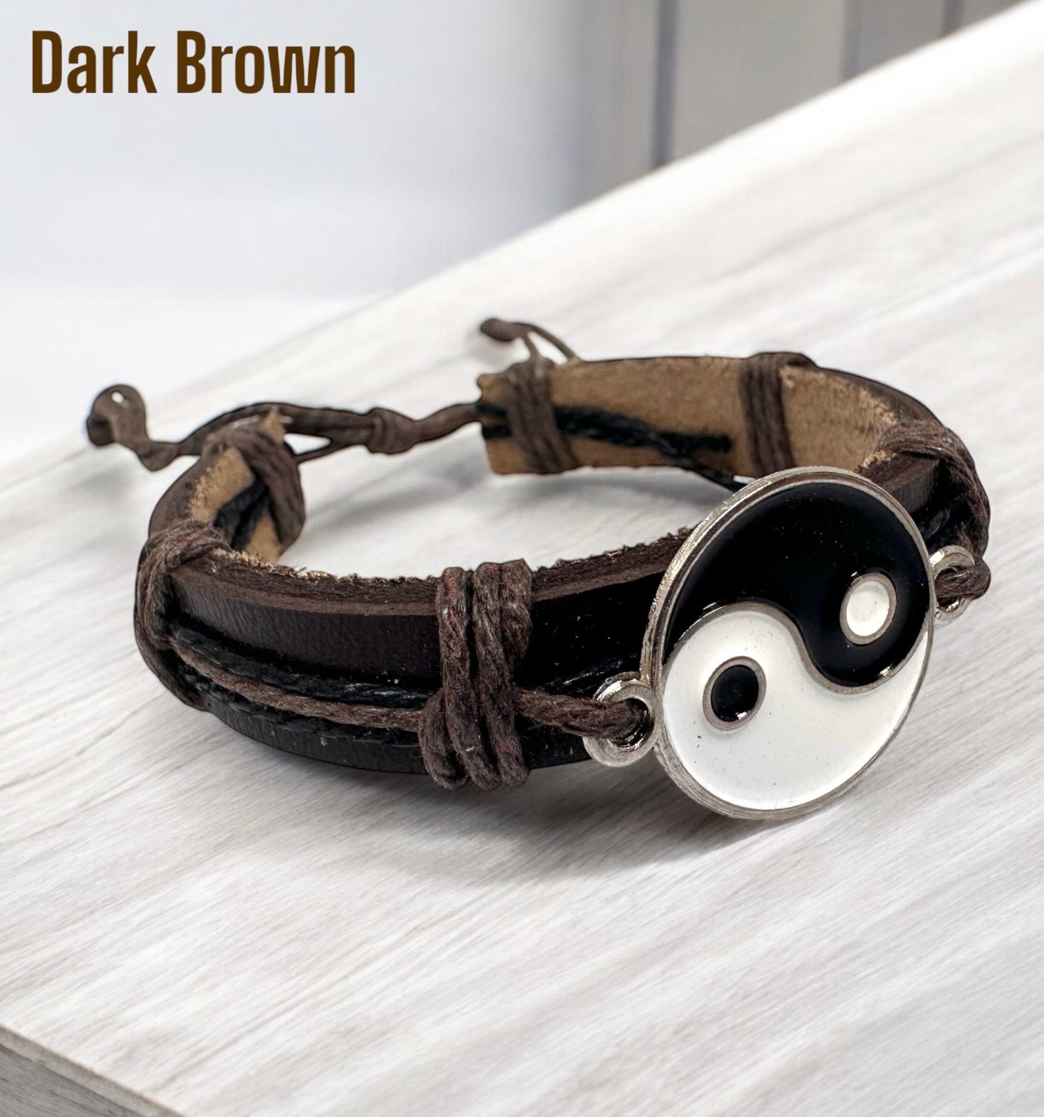 Yin Yang Leather Bracelet Adjustable Unisex Handmade Balance Symbol 6-10in