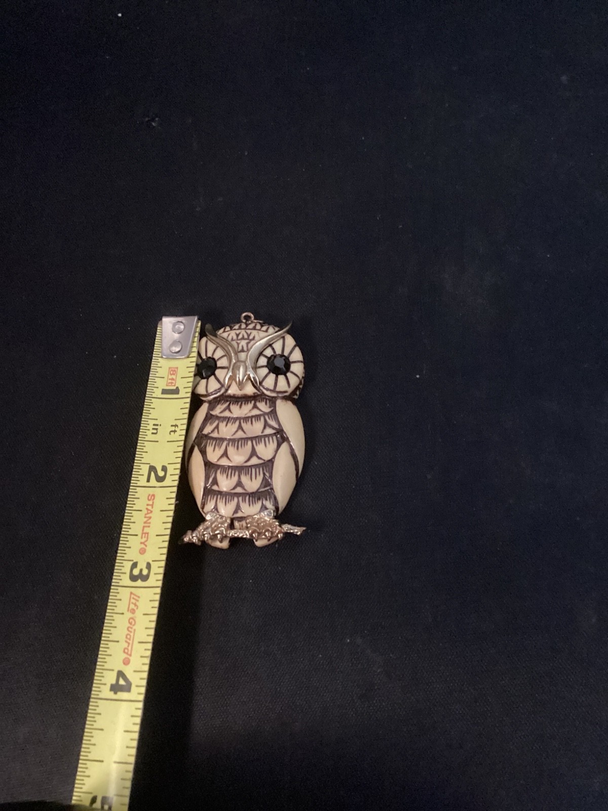 Faux Ivory Owl Pendant Rhinestone Wisdom Figure Woodland Nature
