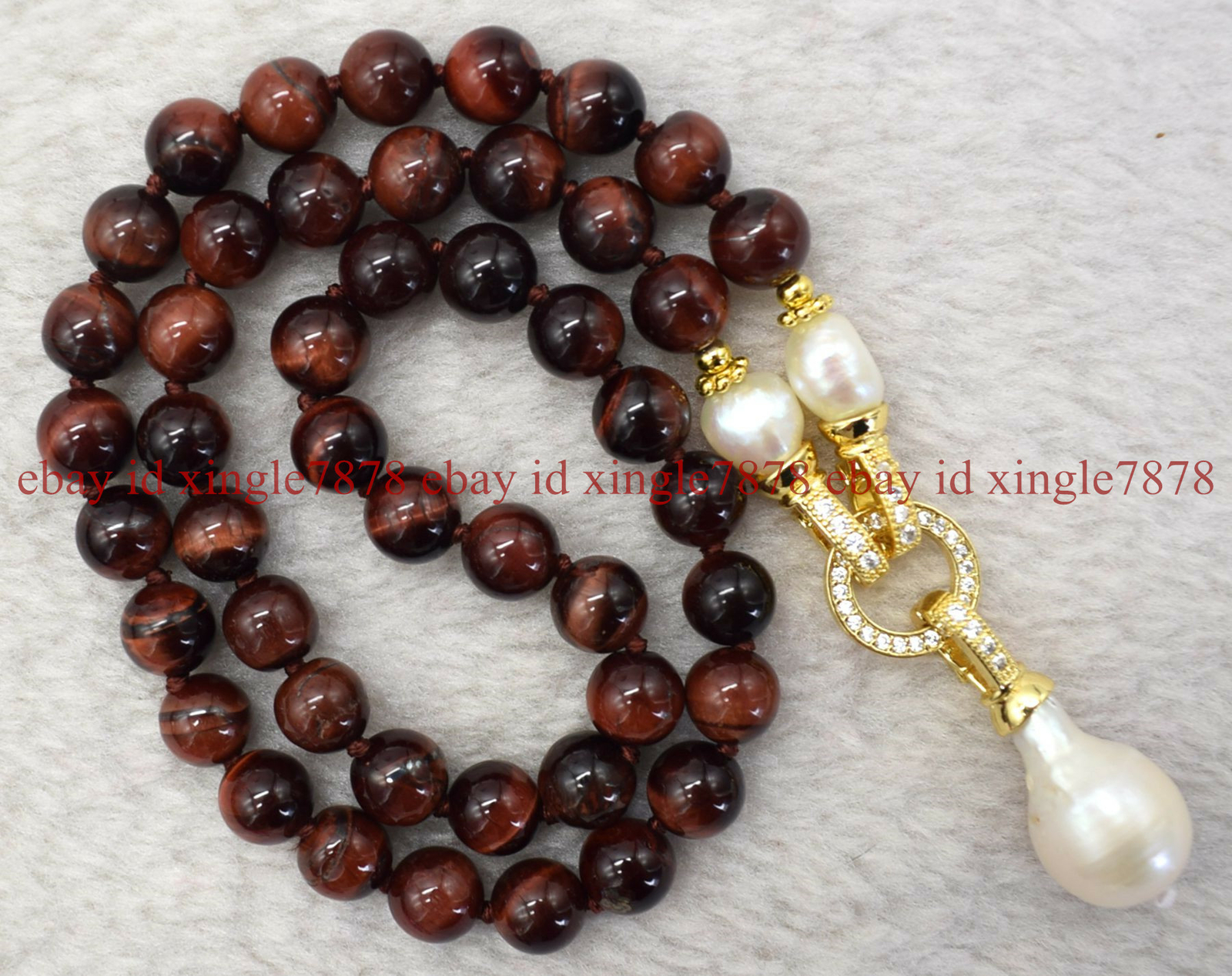 Natural 8mm 10mm Red Tiger’s Eye & Baroque White Keshi Pearl Pendant Necklace