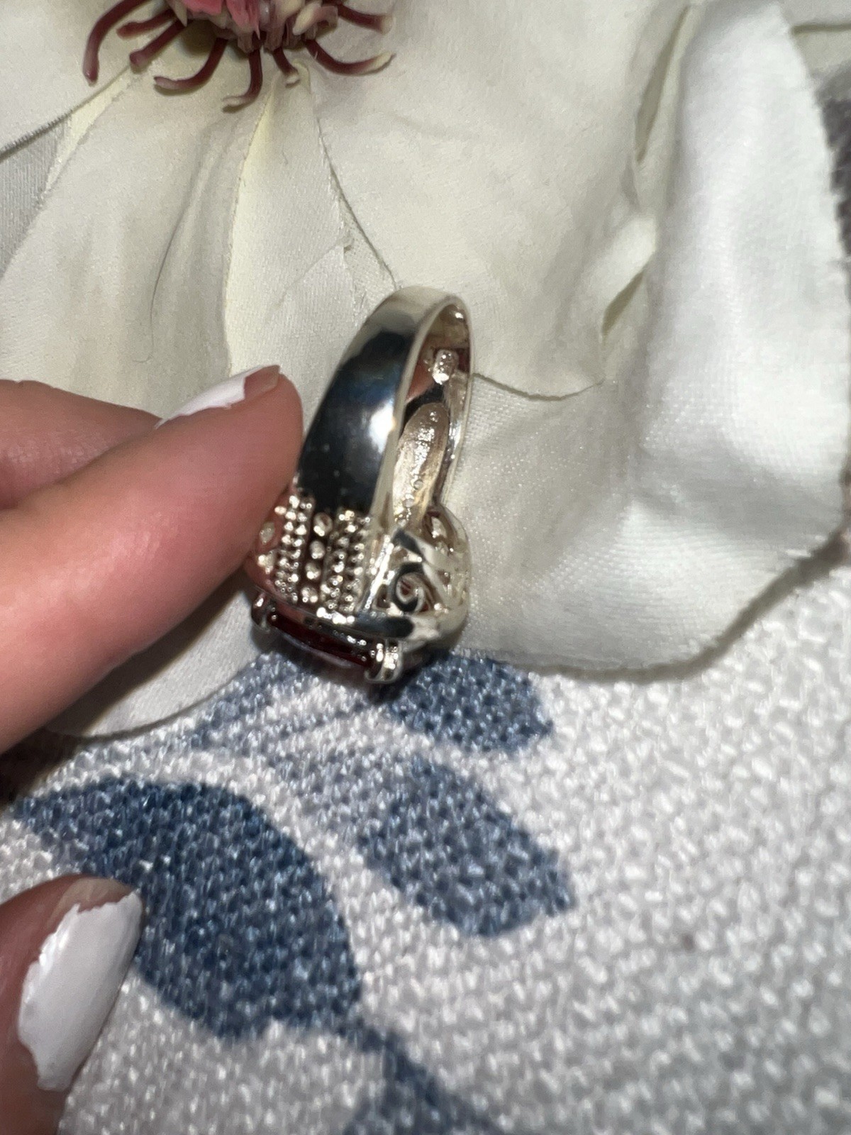 925 Sterling Silver Cocktail Ring Cushion-Cut Red Stone Prong Set Size 8.5