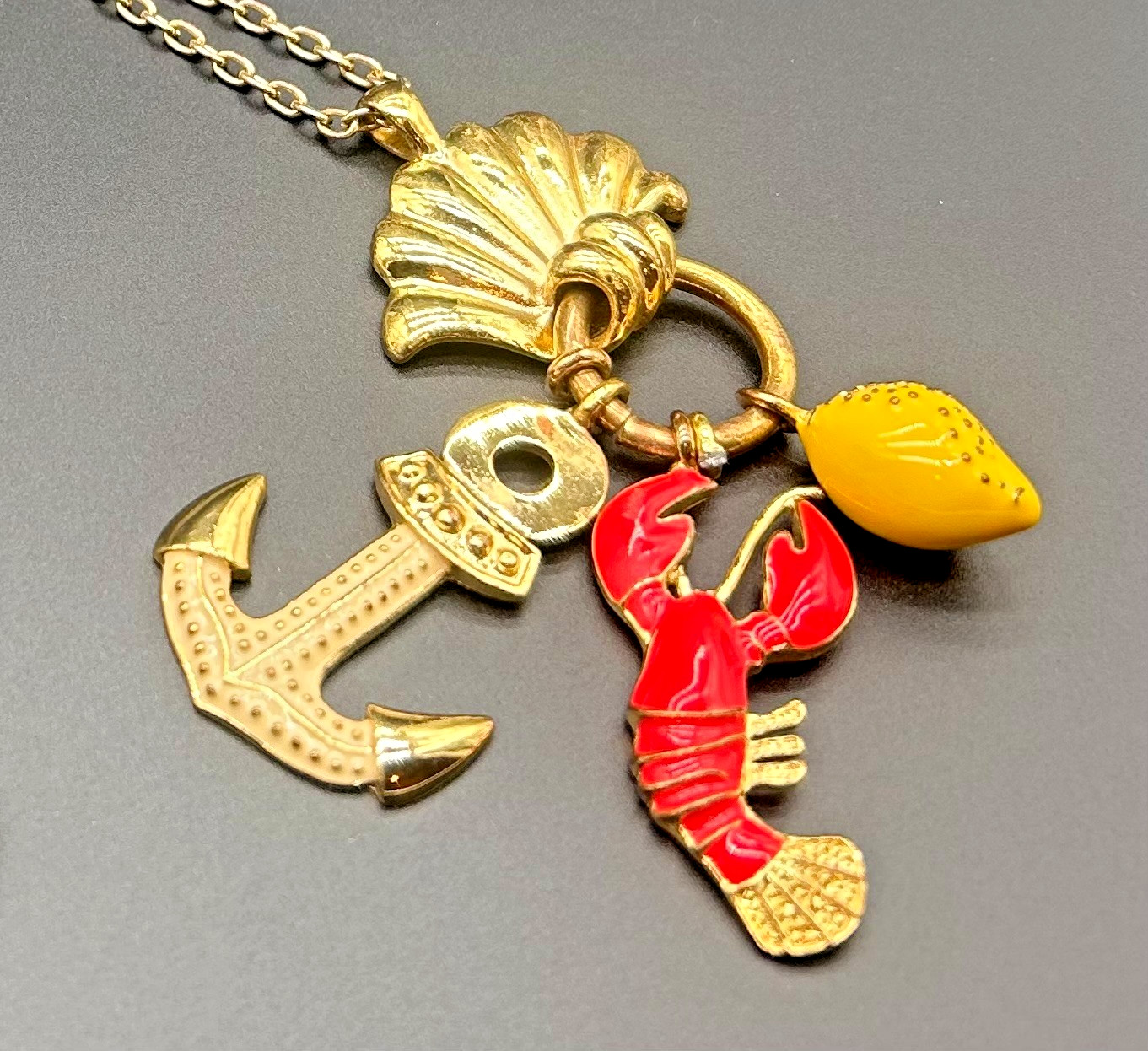 Lilly Pulitzer Nautical Charm Long Necklace Gold Tone Shell Lobster Anchor Lemon