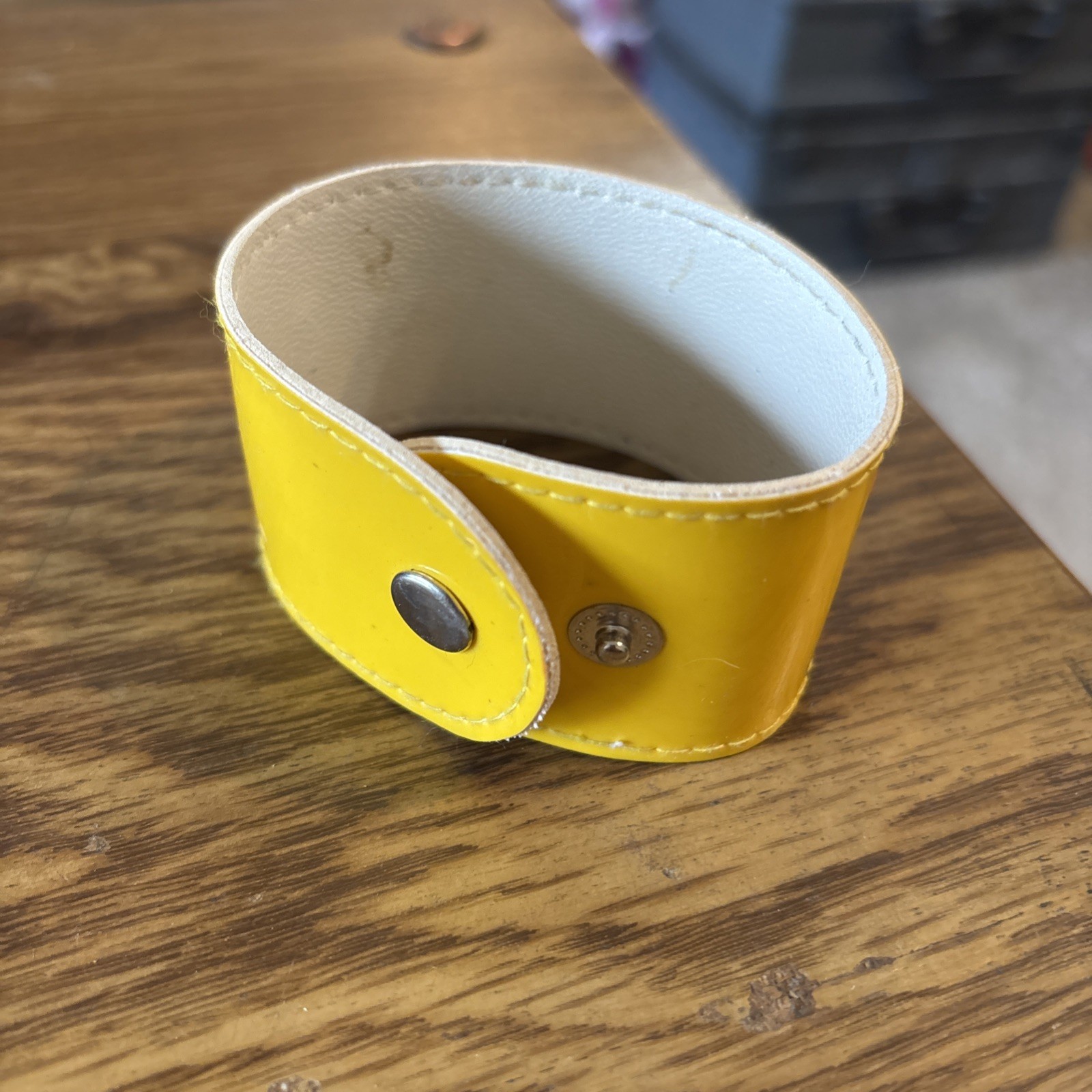 Vinyl Circles Cuff Bracelet With Snap Closure Yellow 70s 80s Retro Vintage