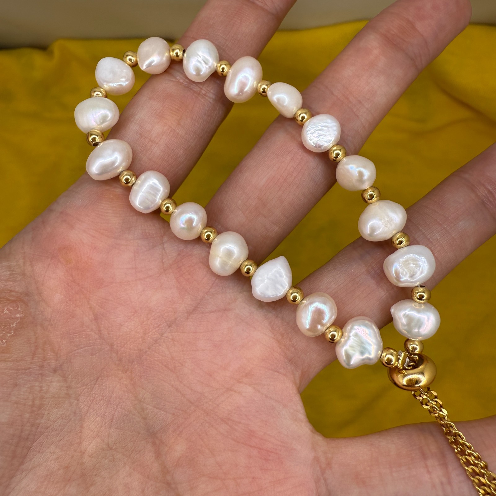 Natural Freshwater Pearl Bracelet Handmade Beaded Bridal White/Gold Jewelry Cute