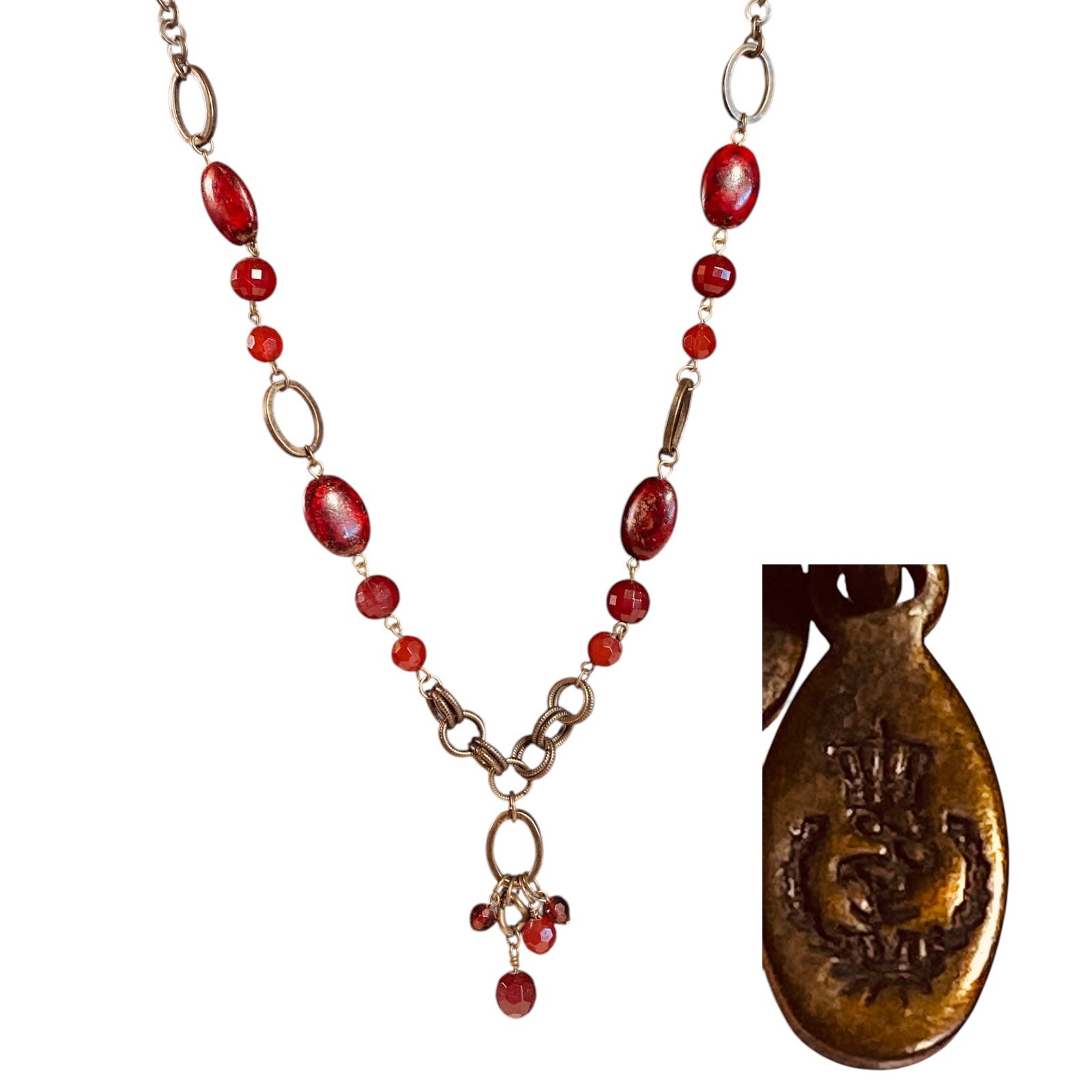 Vintage Signed Red Beaded Necklace 24”-27” Adjustable Brass Boho Romantic Signed