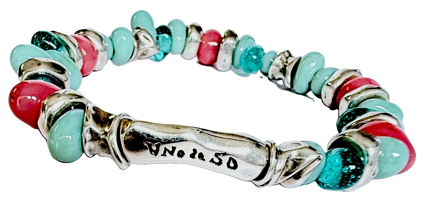 Retired UNOde50 Seashore Silver Plated Stretch Bracelet Ocean Crystal Coral