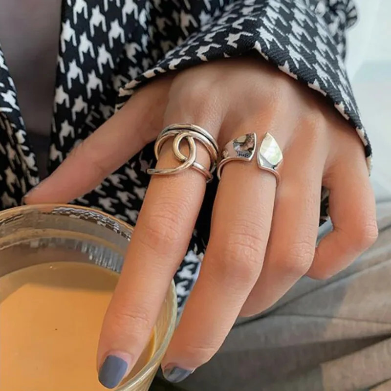 925 Sterling Silver Width Rings for Women Fashion Simple Multilayer Geometric
