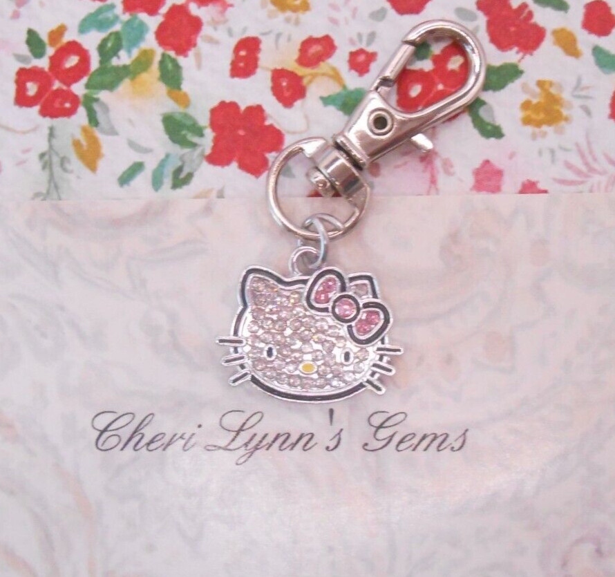 CZ HELLO KITTY PURSE OR JACKET ZIPPER PULL KEYCHAIN ADD ON CLIP & POUCH!