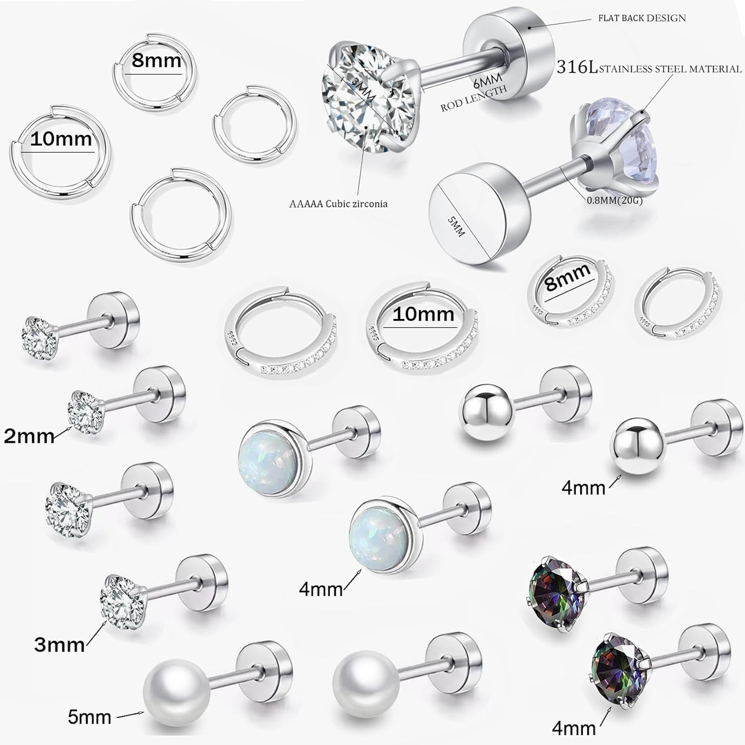 Surgical Steel Flat Back Earrings Set for Multiple Piercing Sensitive Ears,Sterl