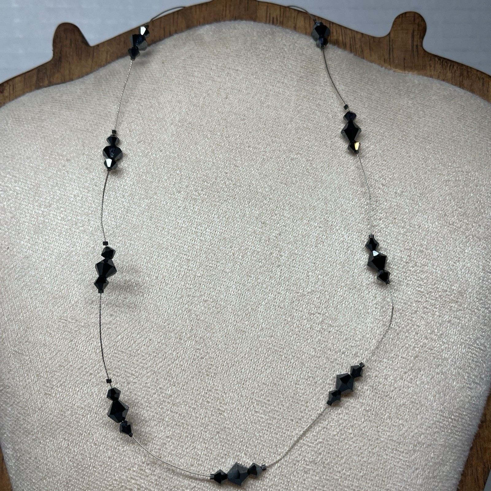 Black Bicone Crystal Floating 16” Choker Necklace Silvertone Wire