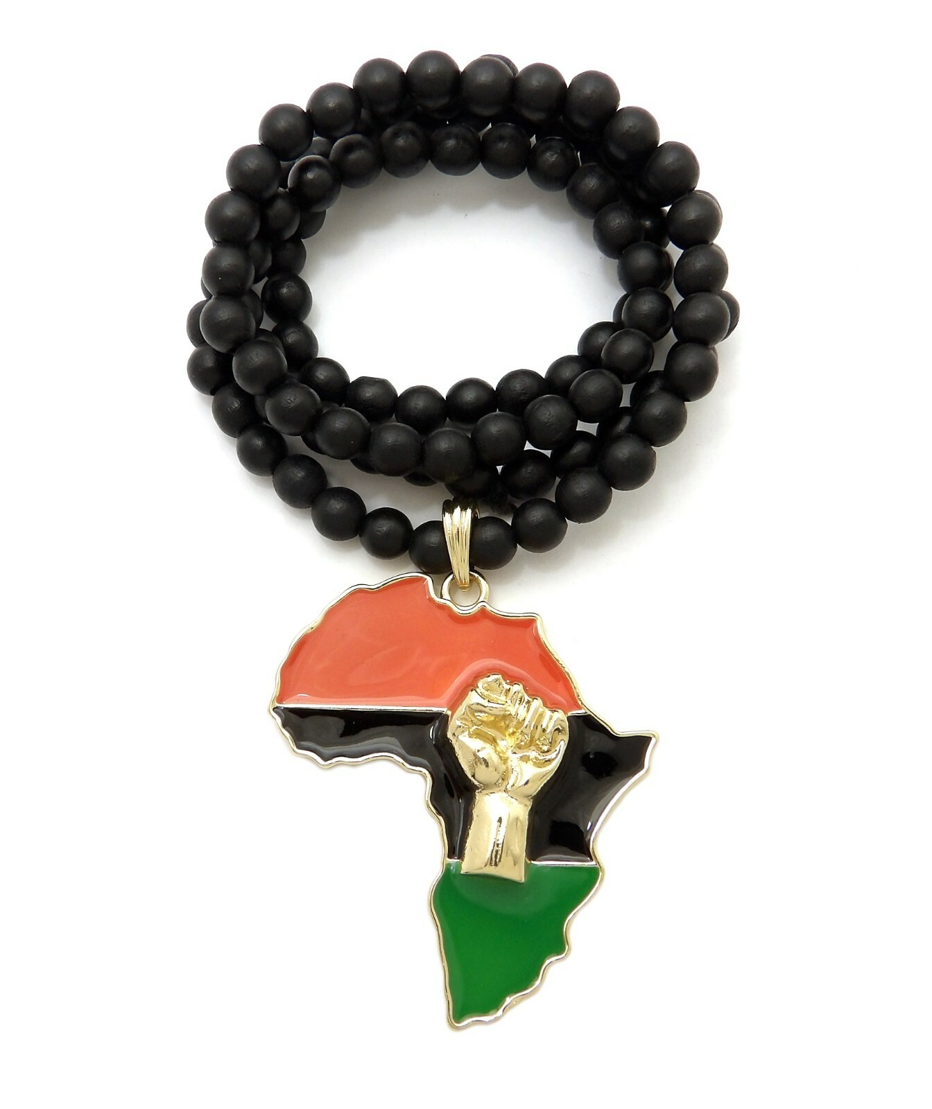 Fist Power in Africa Pendant & 8mm 30″ Wooden Wood Bead Chain Fashion Necklace