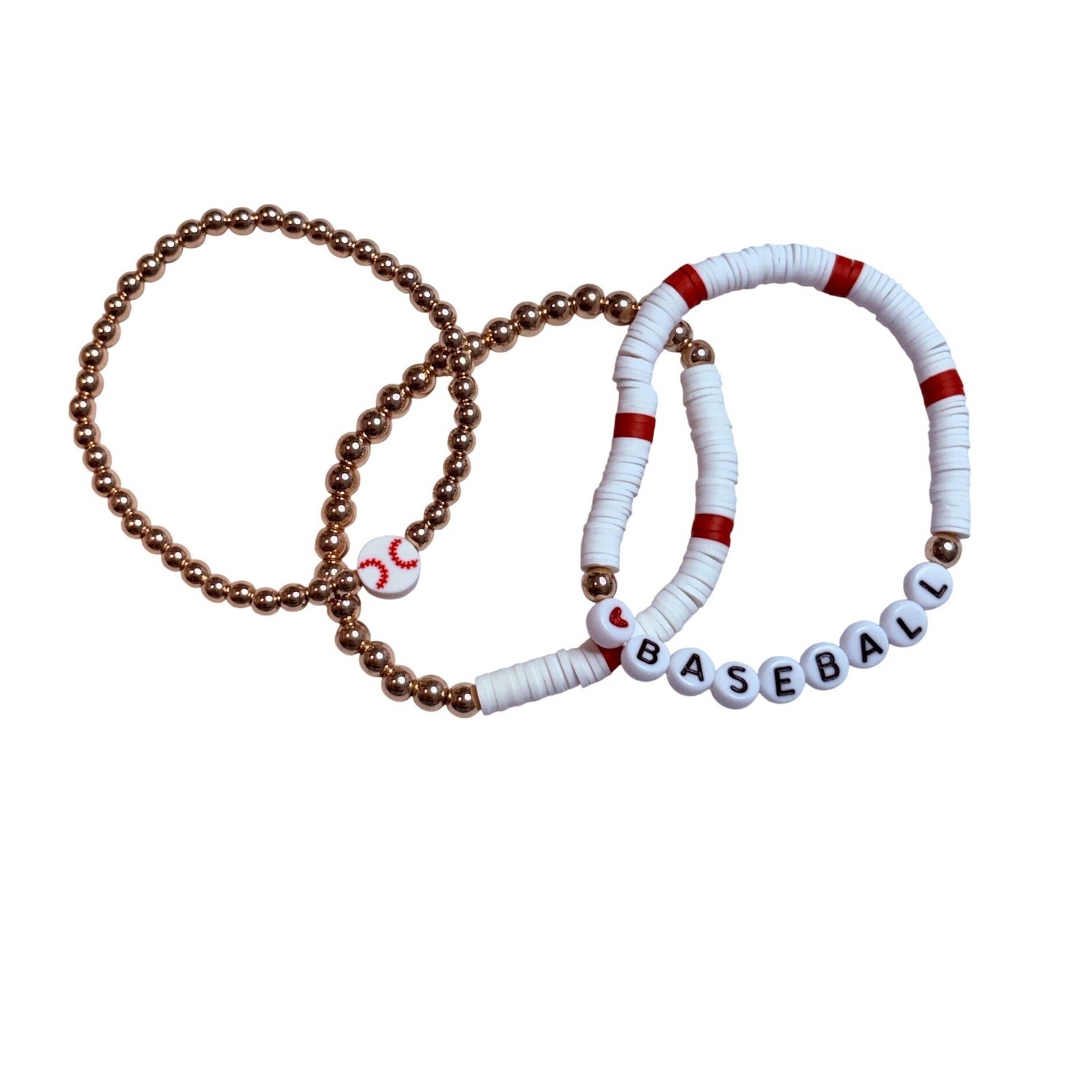 Baseball Bracelet Set Womens OS Gold White Red Beaded Stretch 3pc New
