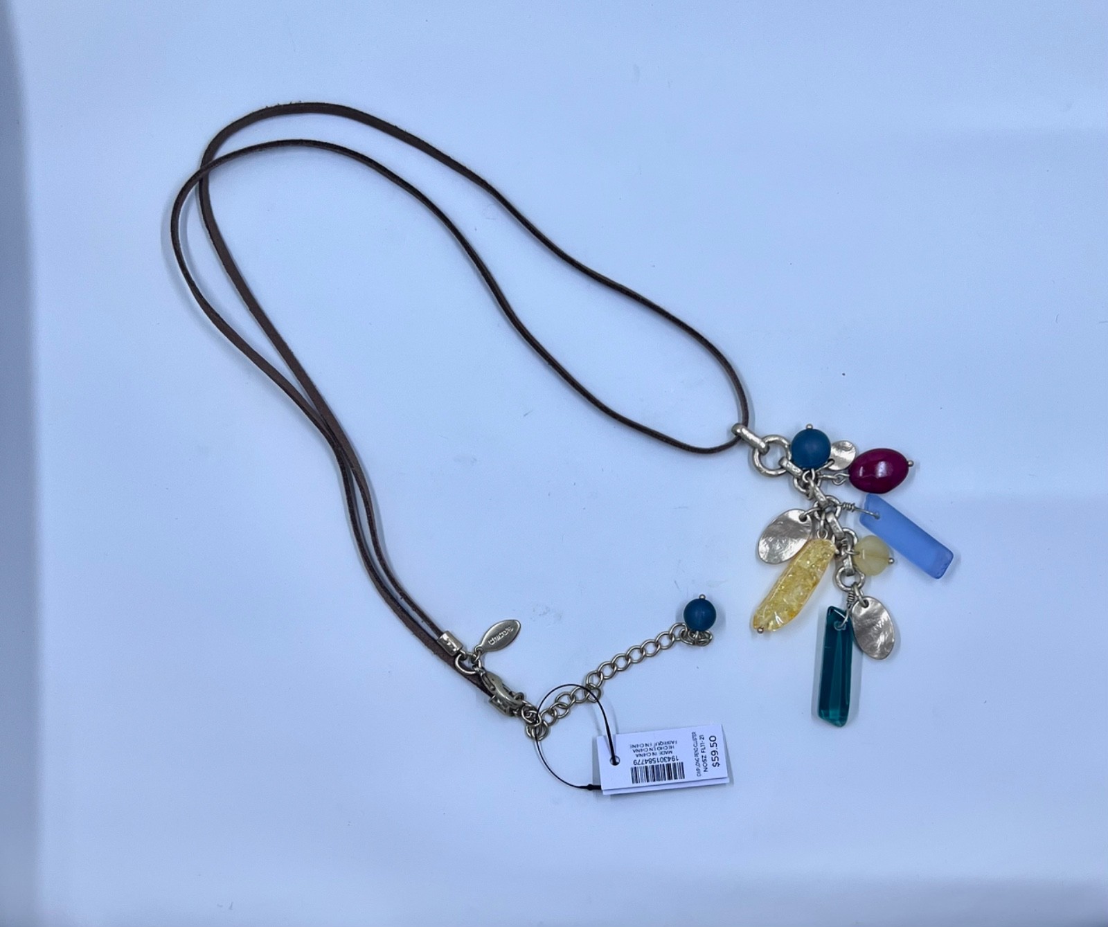 NWT Chico’s Multi-Charm Cluster Statement Necklace Suede Leather Cord Gold Tone
