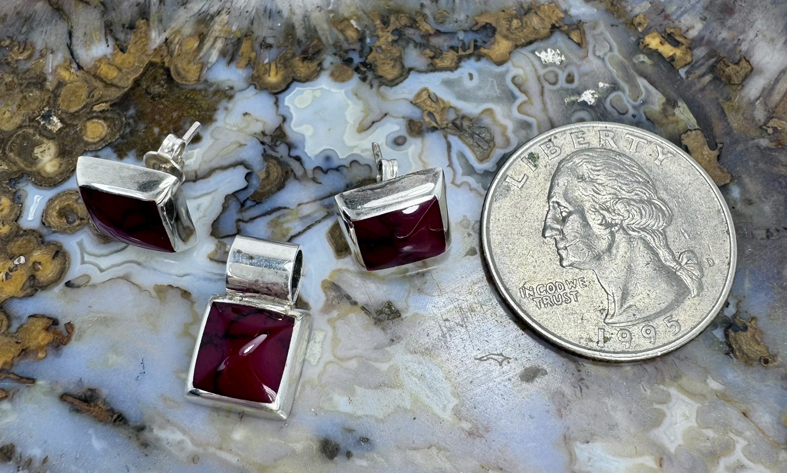 Mexican Sterling Silver Red Jasper Black Vein Slider Pendant & Earrings 925