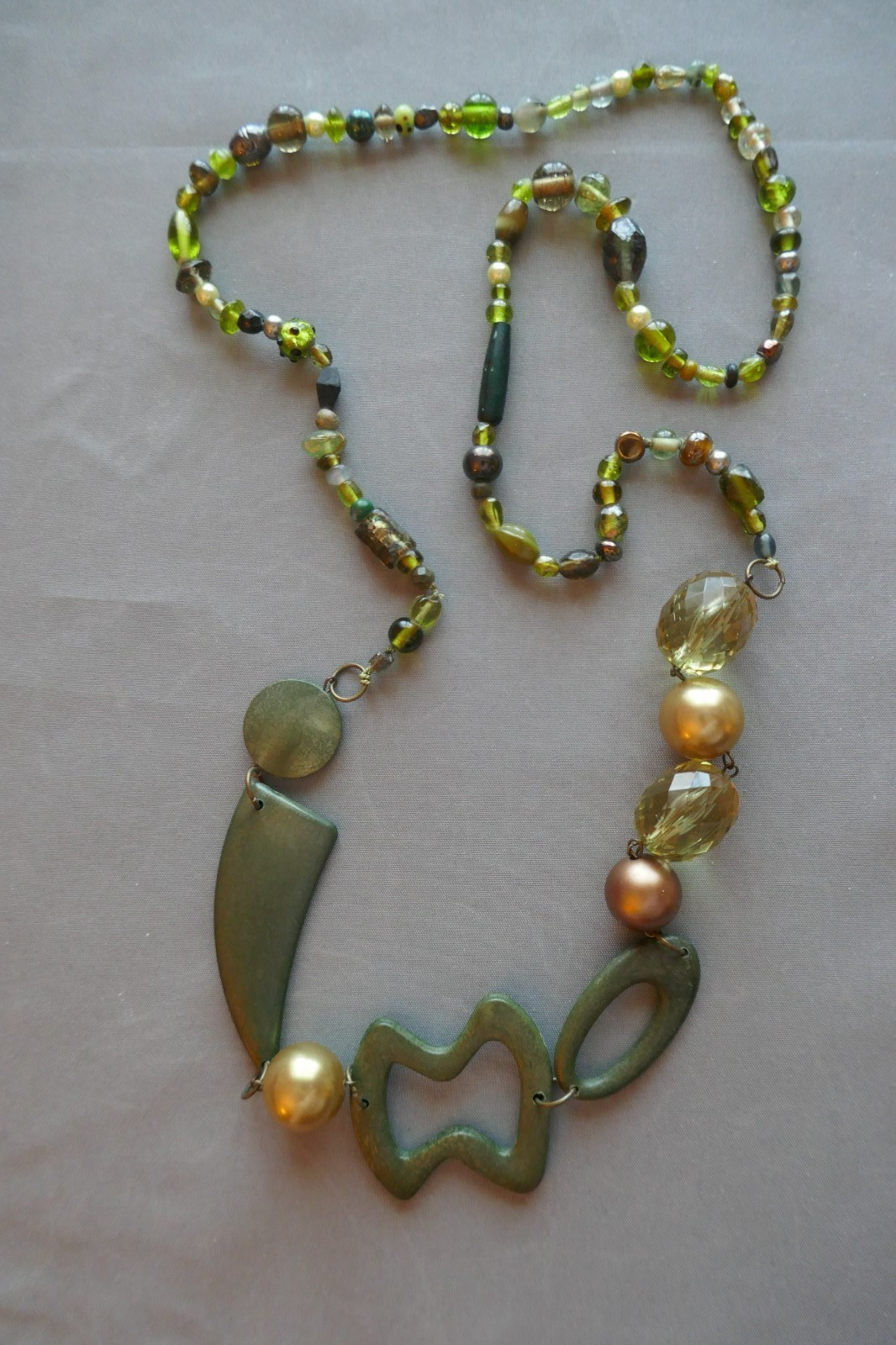40″ Long Necklace Green Copper Gold Large Abstract Shapes Acrylic & Glass Beads