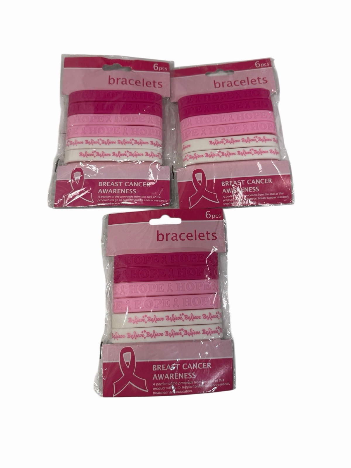 Pink Ribbon Rubber Bracelets lot of 3 packs 6 count each 18 bracelets