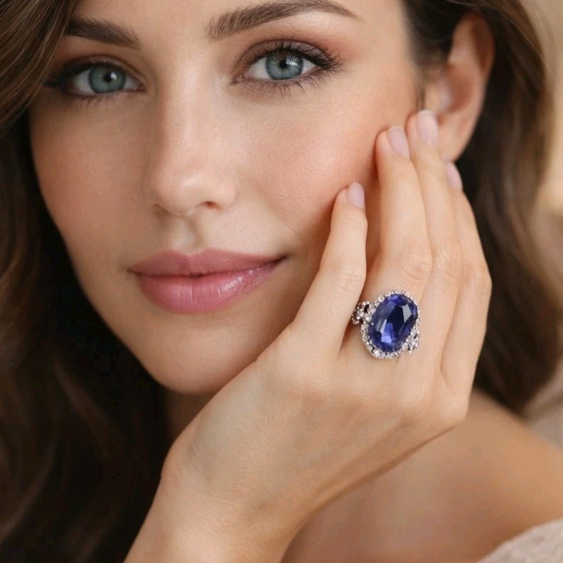NWT Tanzanite & Diamond Simulant Statement Ring Rhodium Over 925 Sterling Sz9