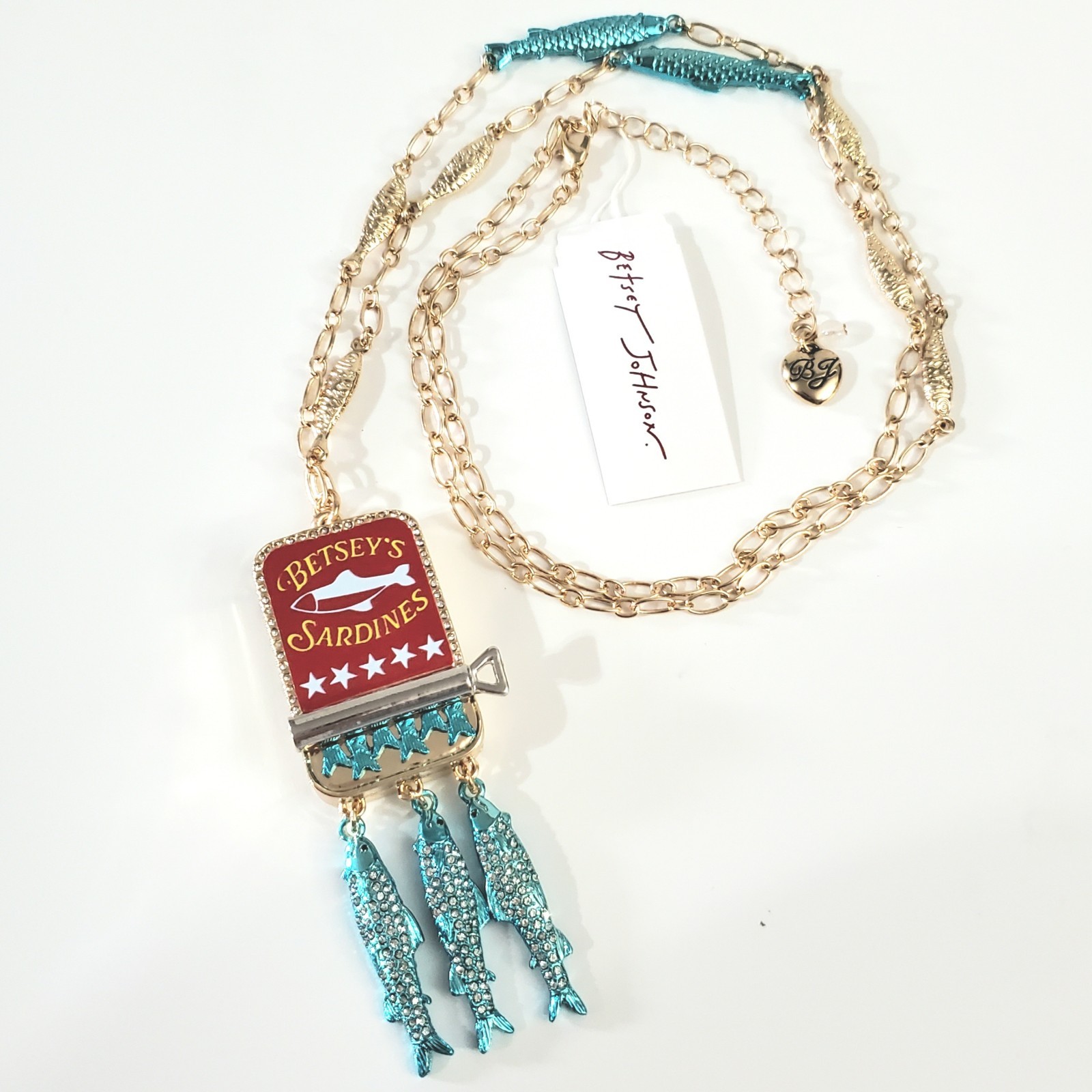 NEW Betsey Johnson Betsey’s Sardines Tin Pendant Long Necklace Fish Red NWT $98