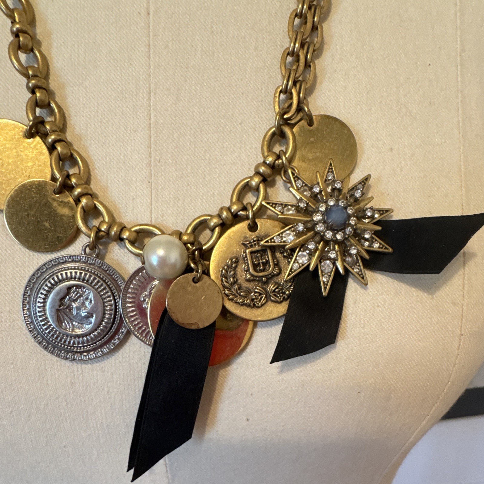 2000’s J.Crew Cable Chain Coin Charm Necklace Crystal Starburst Ribbon