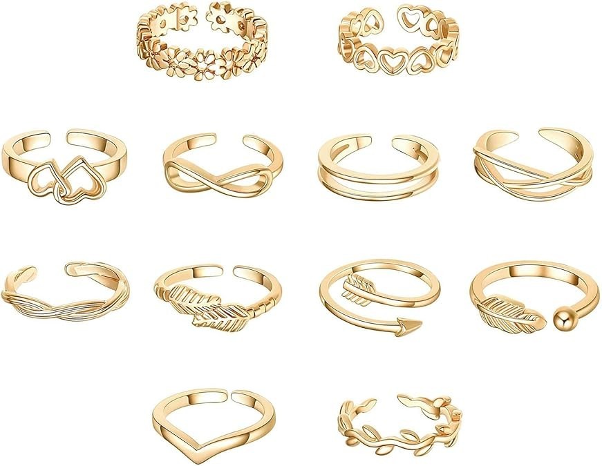 12PCS Adjustable Toe Rings Set 14K Gold Silver Plated Beach Foot Jewelry Summer