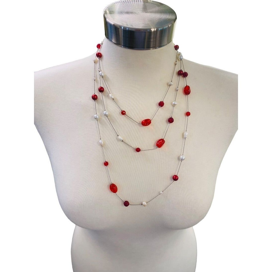 Silvertone Red Chain Necklace Strand String 67″ Lobster Clasp Faux Assorted Pear