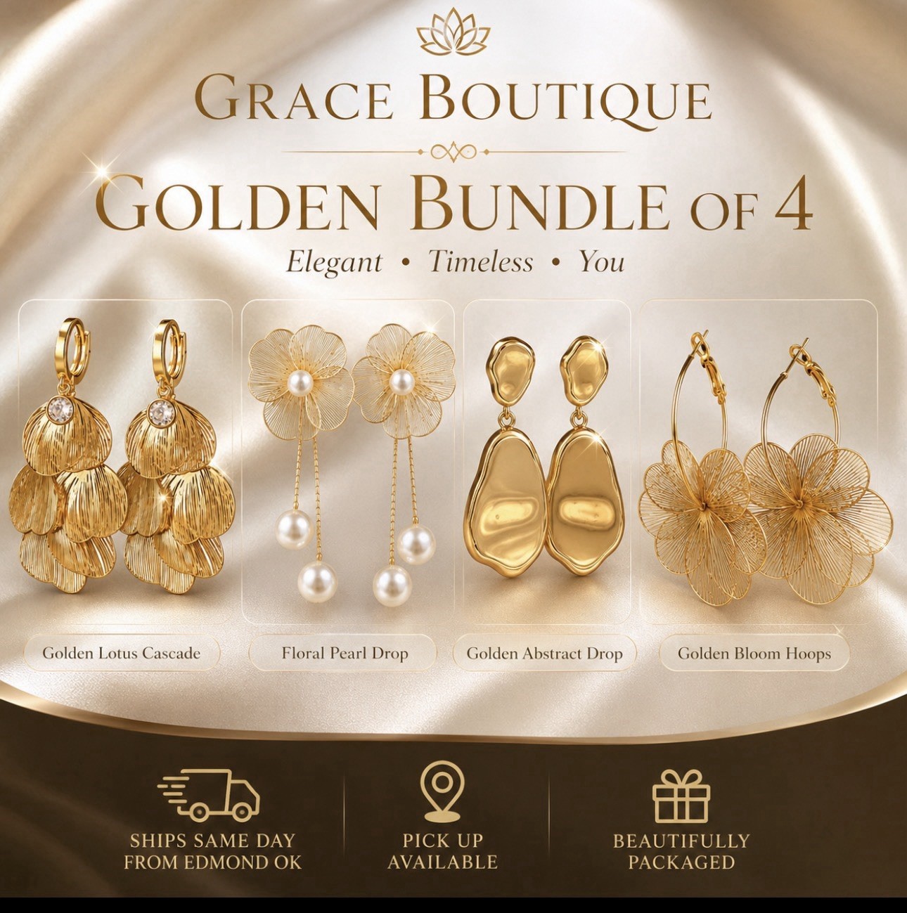 Grace Boutique Gold Tone Flower Hoop Dangle Earrings Pearl Crystal Hinged