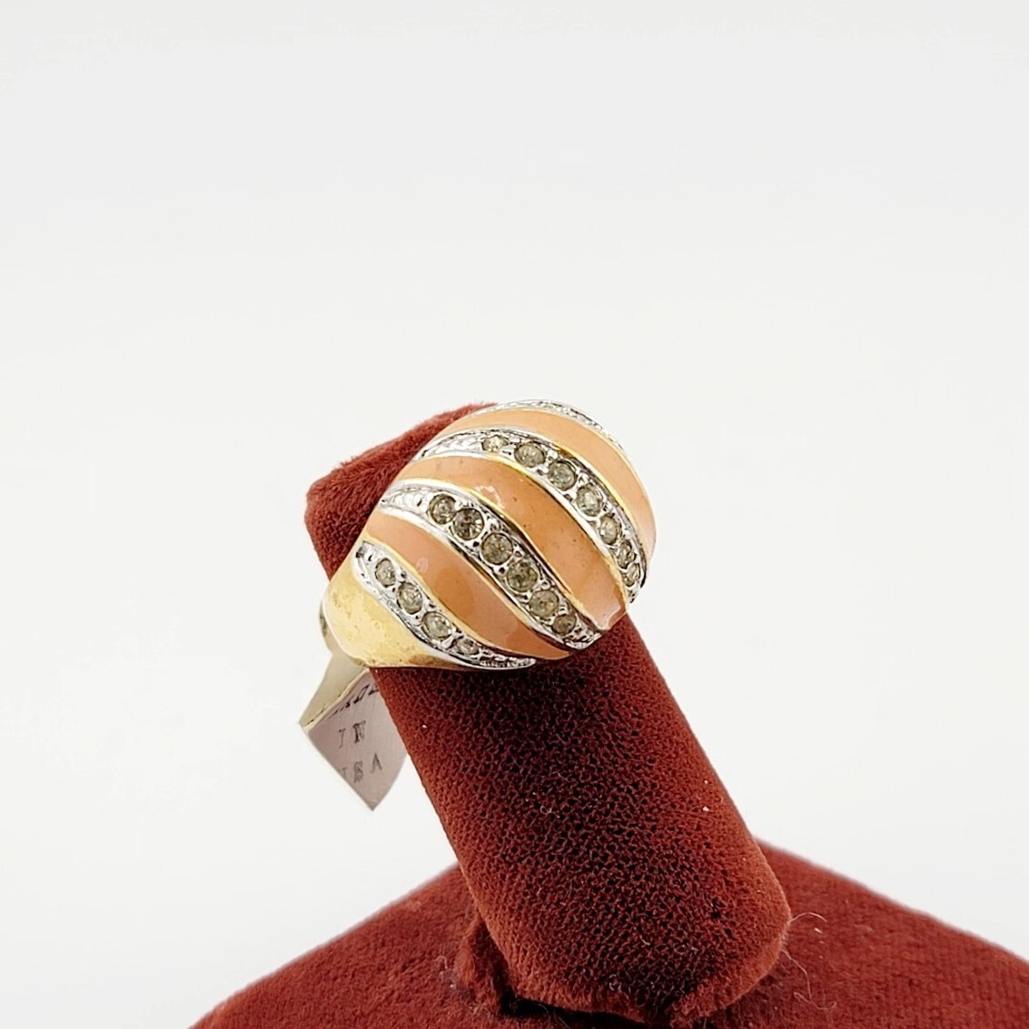 Vtg Ring Sz 7 Peach Enamel Dome Cocktail Rhinestones Jewelry 18KGE S#3
