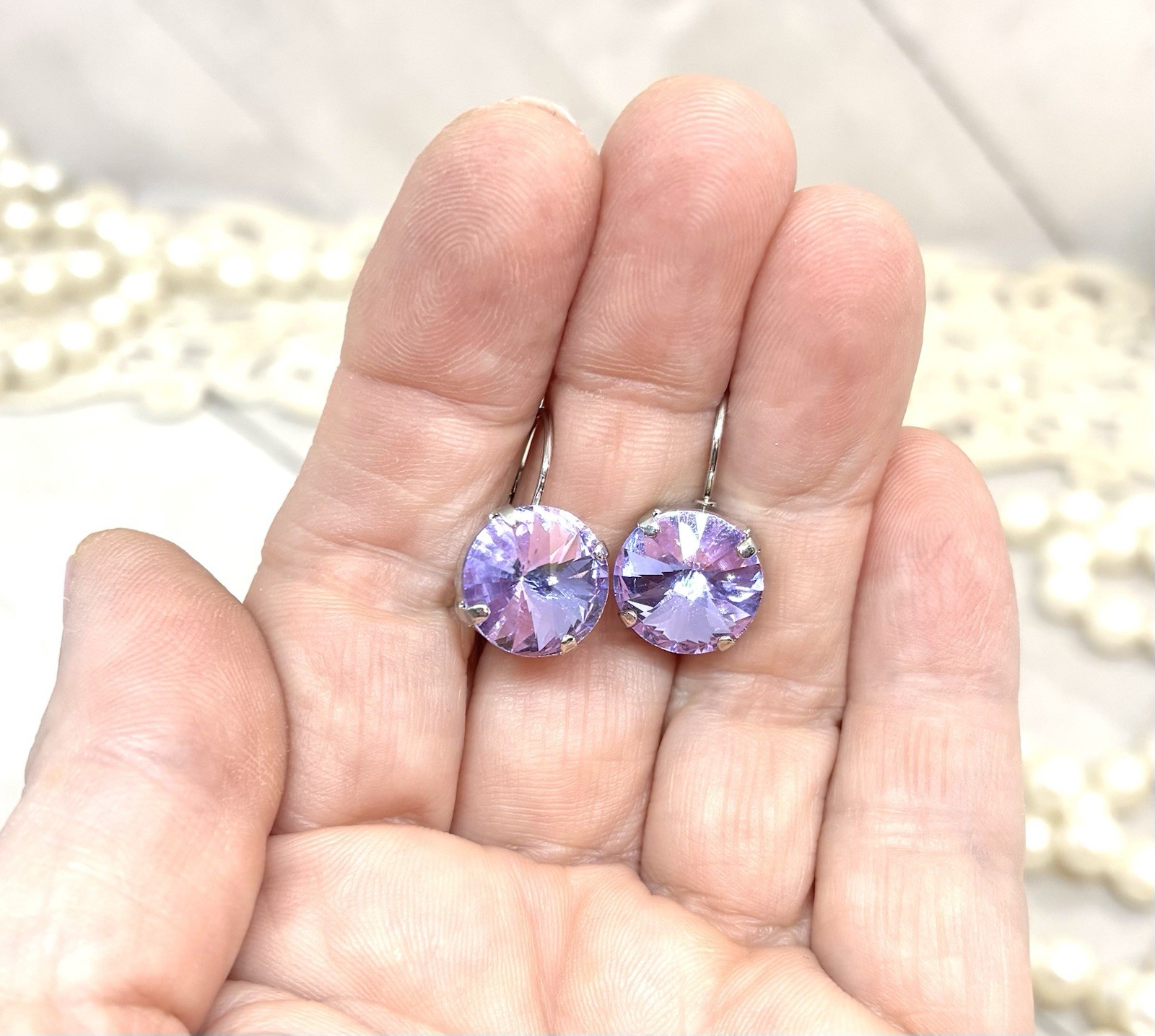 Antique Silver Violet Lavender Cup Chain Earrings, Purple Earrings