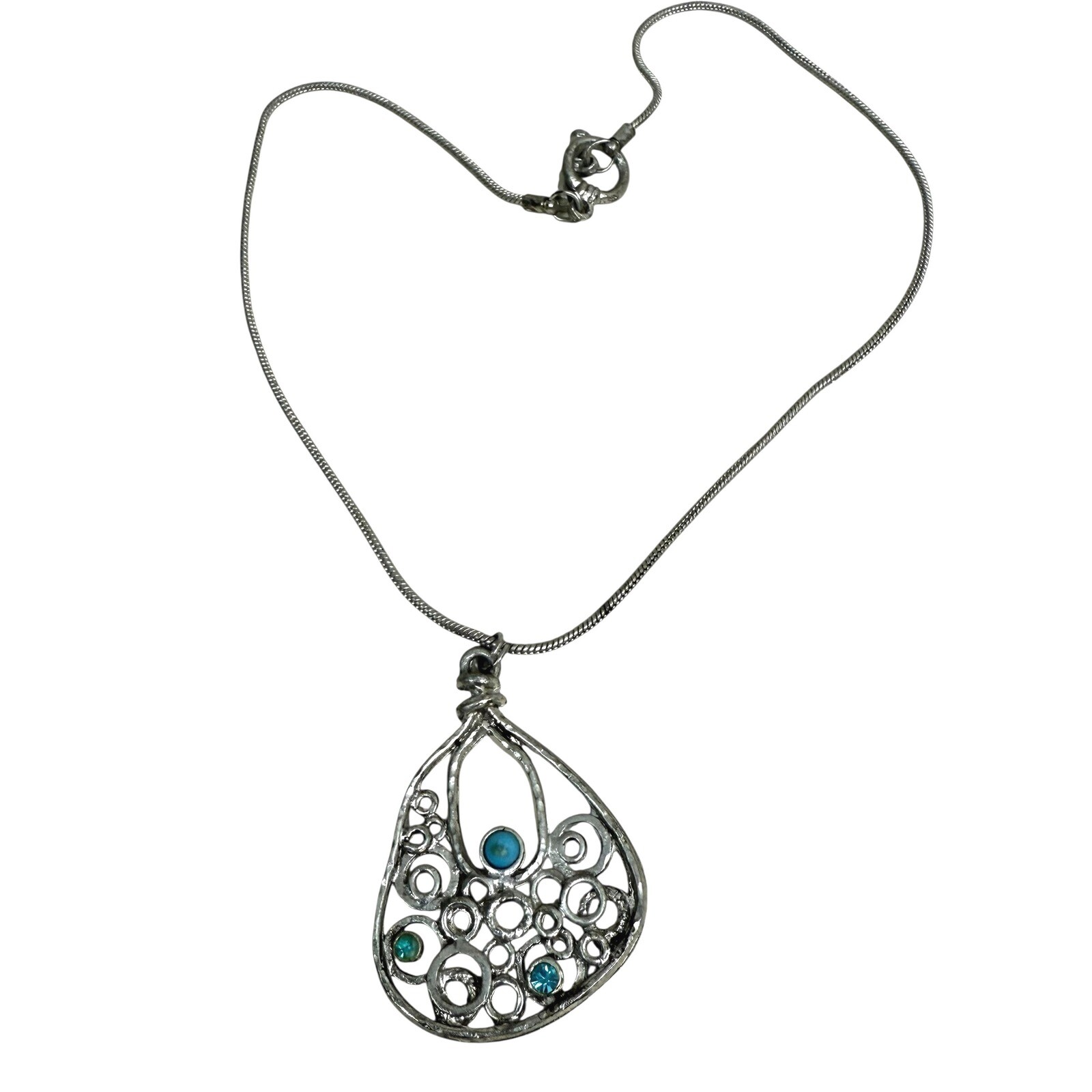 Silver Tone Turquoise Accents Pendant Necklace Teardrop Statement Jewelry 11.5in