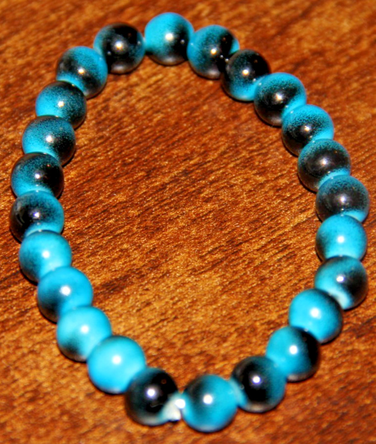 Turquoise Blue & Black Splotch Round Glass Bead Stretch Bracelet Boho