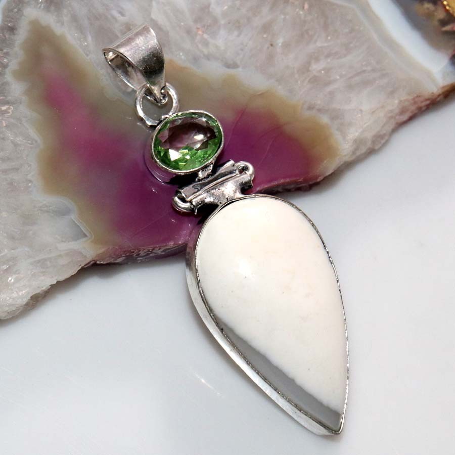 925 Silver Plated Long Dendritic Opal Tsavorite Pendant 2.2″ Most Beautiful JW