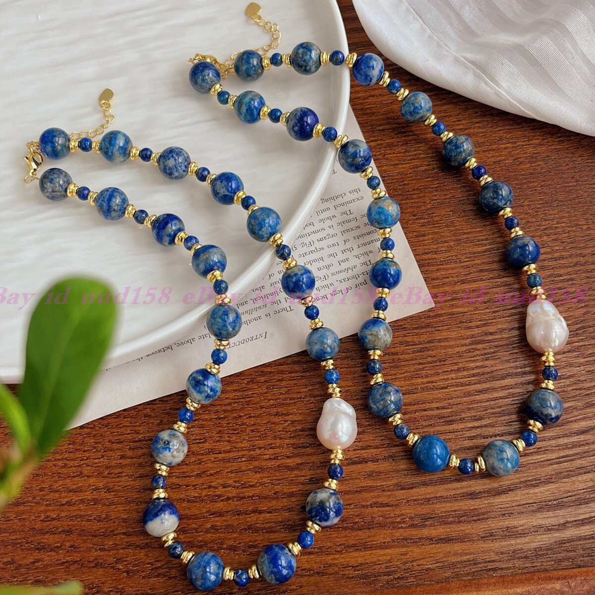 Natural 6-12mm Blue Lapis Lazuli White Keshi Baroque Pearl Pendant Necklace