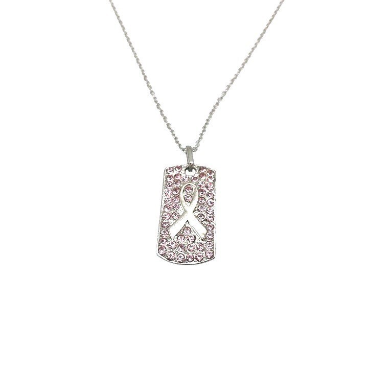 Breast Cancer Awareness Dog Tag Necklace Pink Rhinestone Ribbon Bling Sparkly
