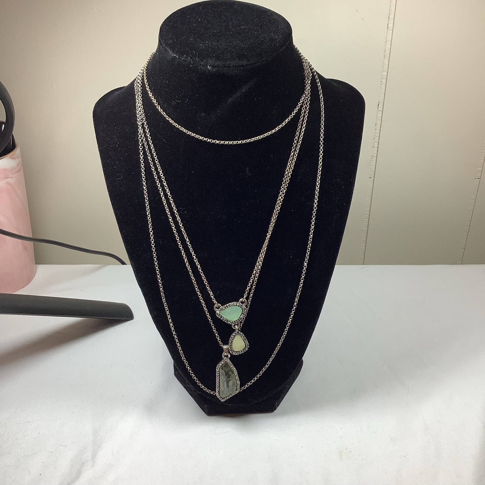 Layered Necklace Silver Tone Multi Strand Green Grey Stone Pendant Boho