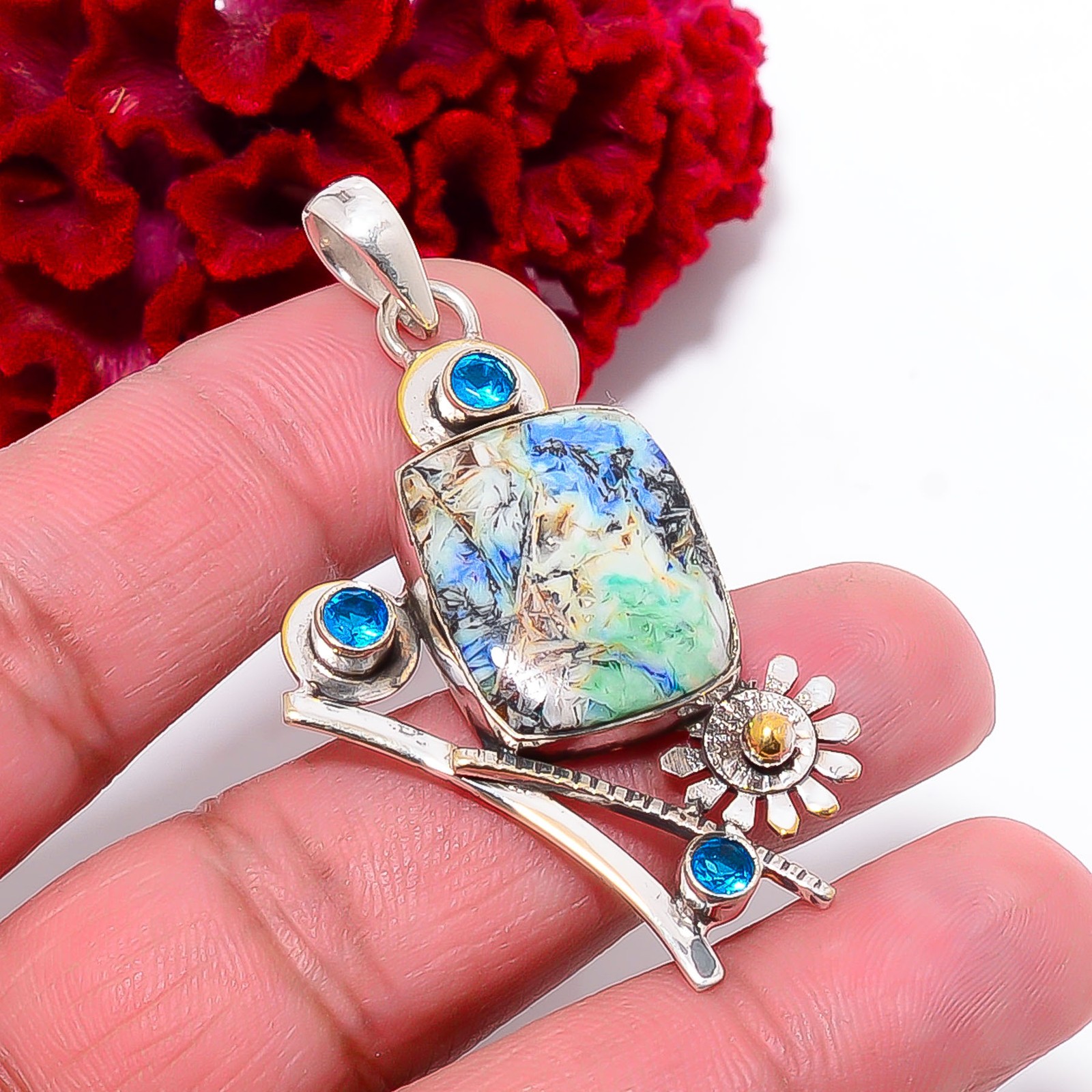 Azurite Turquoise – Utah & Blue Topaz 925 Sterling Silver Pendant 2.26″ P7137