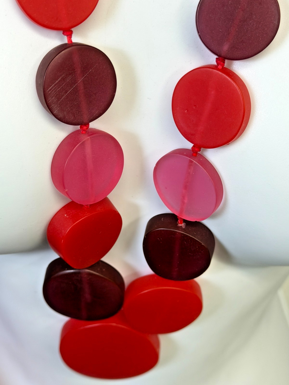 Wearable Art Necklace Frosted Lucite Disc Red Circles 28 inches