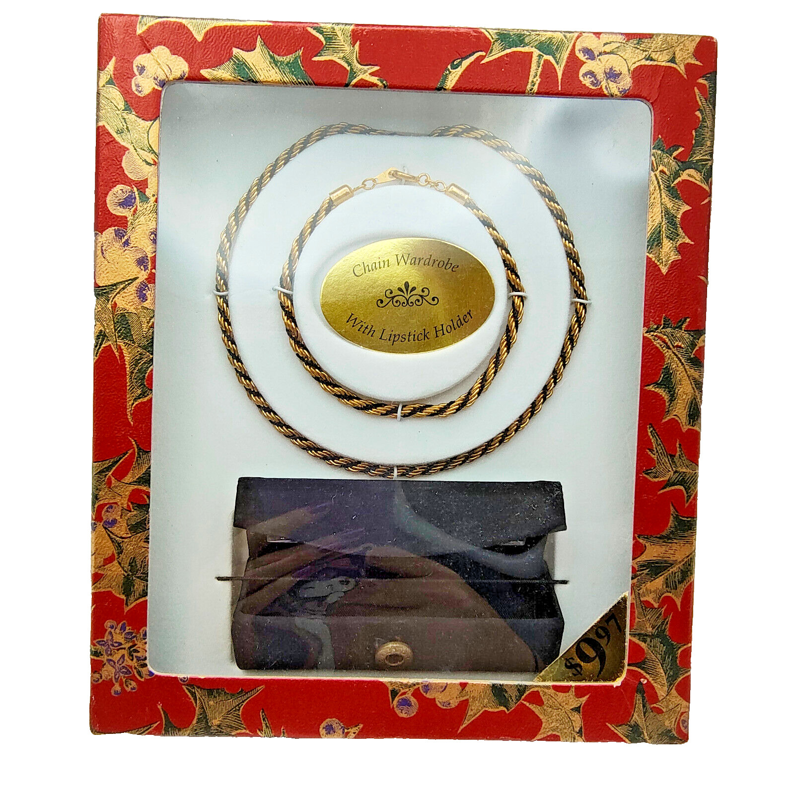 Vintage Chain Wardrobe Gift Set Gold Tone Necklace Bracelet Lipstick Holder