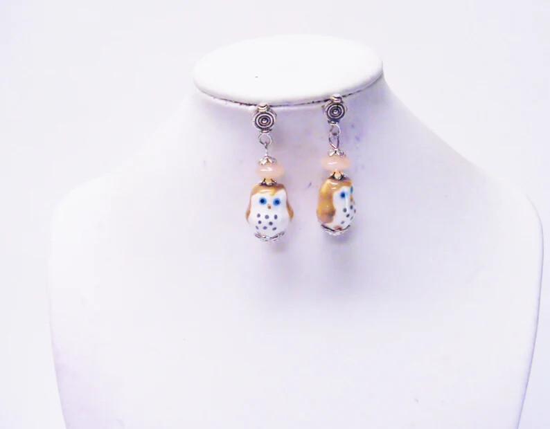 Brown/Cream Ceramic Owl Dangle Earrings